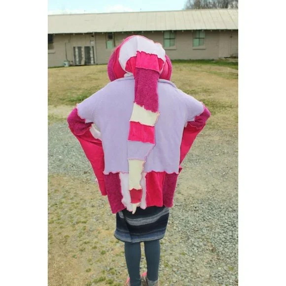 Upcycled Sweater Pink Red LL Bean Heavy XL/XXL 23" Bust Hooded Elven Fairy Boho - Picture 9 of 12